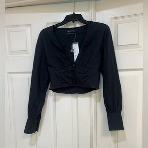 URBAN OUTFITTERS Women's Black Corset Hook Long Sleeve Blouse V-Neck Size MEDIUM